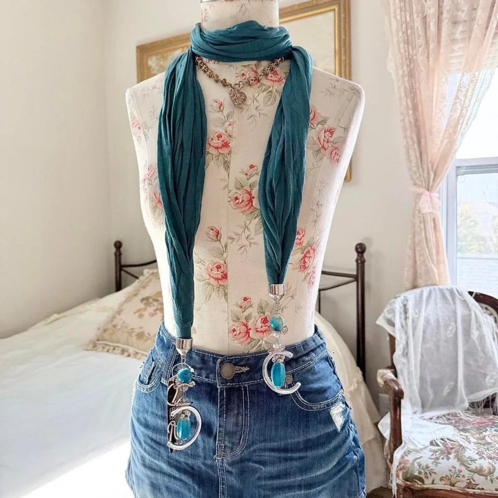 Boho turquoise scarf necklace  boho turquoise‎ charm scarf one size